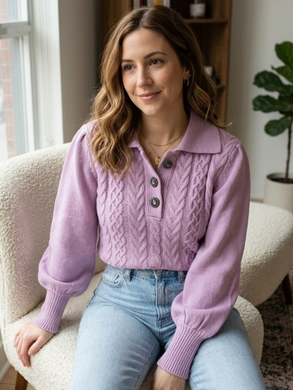 Who What Wear • Lavender Cable-Knit Polo Sweater • Ornate Buttons